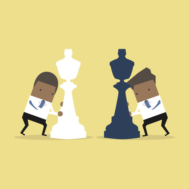 Африканський бізнесмен пересуває шахові фігури на шахову дошку. Концепція бізнесу чи політики. - Вектор, зображення