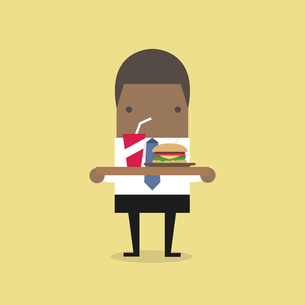African businessman carrying a tray of fast food. - Vector, Image
