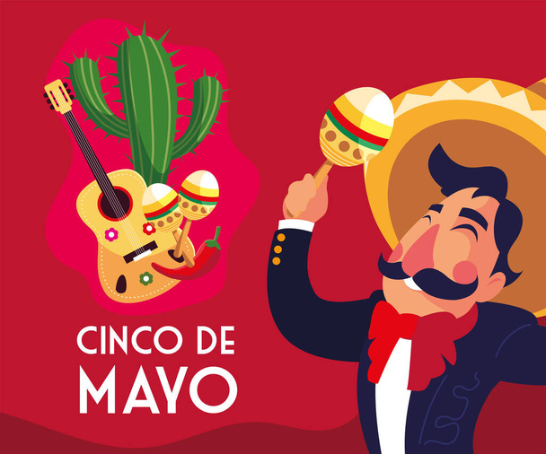 cinco de mayo card of greeting with mexican mariachi - Vector, Image