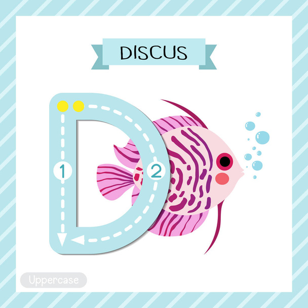 Letter D uppercase cute children colorful zoo and animals ABC alphabet tracing flashcard of Purple Discus Fish for kids learning English vocabulary and handwriting vector illustration. - Wektor, obraz