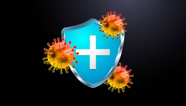 Immune System Shield Concept. Corona Virus 2020 virus disease. Covid-19 outbreak and coronaviruses influenza . Coronavirus 2019-nCoV. Pandemic medical health risk 3d realistic vector illustration - Vector, Image