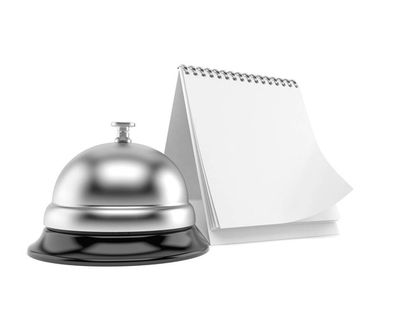 Hotelový zvon s prázdným kalendářem izolované na bílém pozadí. 3D ilustrace - Fotografie, Obrázek