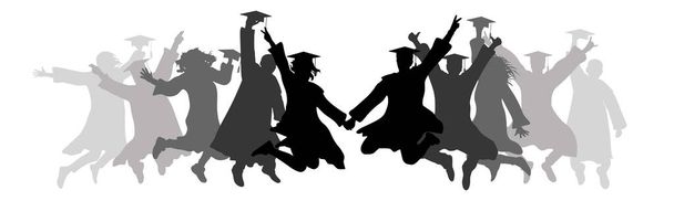 Graduación, graduados saltando en gorras académicas cuadradas, siluetas. Ilustración vectorial
. - Vector, imagen
