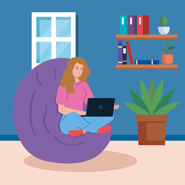woman working in telecommuting with laptop inside house - Vector, Image