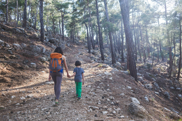 A woman walks with her son through the forest. The boy with his mother go hiking. A child with a backpack is in the park. Travel with children. The kid holds mom's hand. - 写真・画像