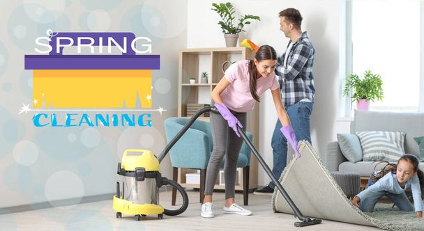 Happy rodzinne sprzątanie mieszkania razem - Zdjęcie, obraz