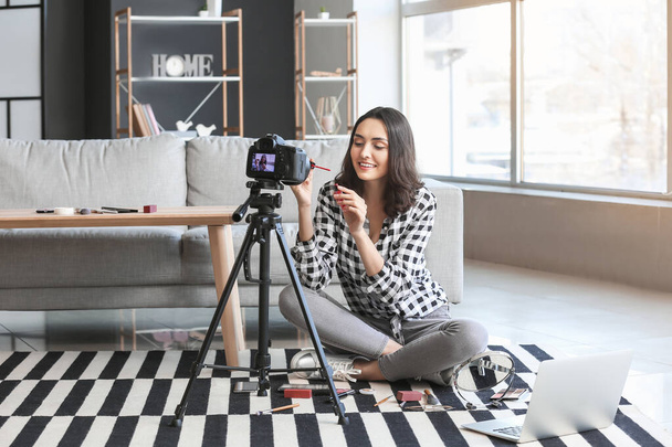Female beauty blogger recording video at home - Фото, зображення