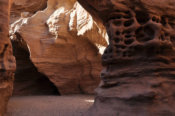Red canyon in Israel near Eilat. Picturesque and undulating rocks hollowed out by rain in sandstone in the Negev desert. - Photo, Image