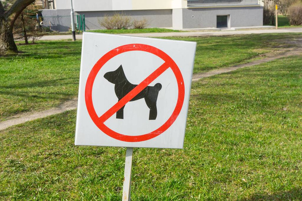 The sign of No Pets in the field with buildings in the background - Foto, Imagen