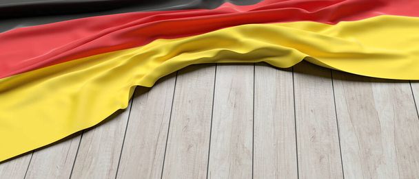 Almanya bayrağı. Ahşap masa arkasına Almanca işaret sembolü yerleştirilmiş. Alman ulusu, dil, kültür konsepti, kopyalama alanı, şablon modeli. 3d illüstrasyon - Fotoğraf, Görsel