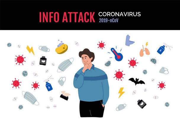 Information attack and manipulation of attention. A person thinks about infection with Coronavirus. Disease, fear, bacteria and self-defense. 2019-nCoV concept flat vector illustration. - Vector, Image