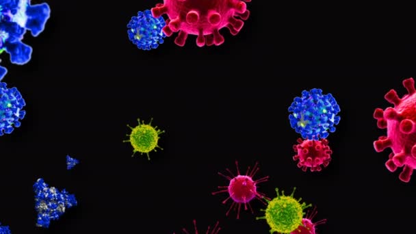 Koronavirus, vakcíny Covid-19. Záběry z pozadí koronavirové vakcíny. Dezinfekce Bubbles gel. Plovoucí buňky kovidních 19 vakcinačních pilulek v lidském organismu. Koronavirová buňka na černém pozadí. - Záběry, video