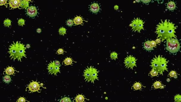 Medizinische Illustration 2d, 3D Animation Hintergrund von Zellen, Bakterien Viren in der Welt. Virus des menschlichen Risikos. Coronavirus. Mikroskopischer Blick. Makrozellenmodelle schweben. Coronavirus Evli lächelt Emoji-Zeichen Bakterien Animation Hintergrund. - Filmmaterial, Video