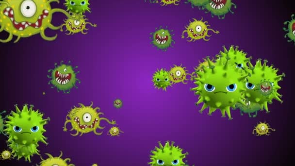 Orvosi illusztráció 2d, 3D animációs háttér sejtek, baktériumok vírusok a világon. Emberi kockázatú vírus. Koronavírus. Mikroszkopikus nézet. Makrosejt modellek lebegnek. Coronavirus evli mosolyog emoji karakterek baktériumok animáció háttér. - Felvétel, videó