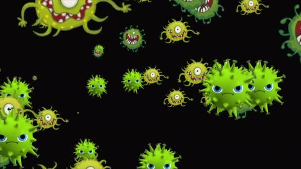 Illustrazione medica 2d, sfondo animazione 3d di cellule, virus batterici nel mondo. Virus del rischio umano. Coronavirus. Vista microscopica. Modelli di macrocelle galleggianti. Coronavirus evli sorride emoji personaggi batteri animazione sfondo
. - Filmati, video