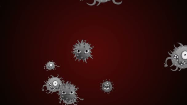 Медична ілюстрація 2d, 3d анімація тла клітин, бактеріальних вірусів у світі. Вірус ризику для людини. Коронавірус. Мікроскопічний вид. Макроклітини плавають. Coronavirus evli посміхається емоційним персонажам bacteriums animation background. - Кадри, відео
