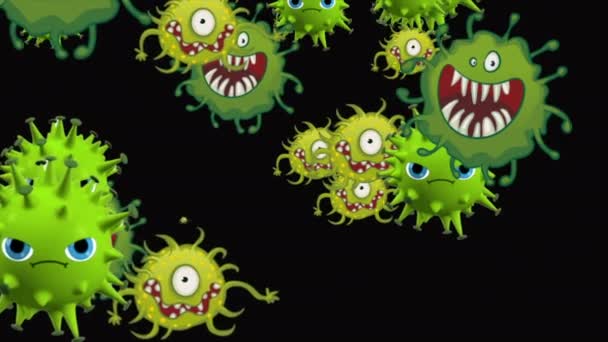 Medizinische Illustration 2d, 3D Animation Hintergrund von Zellen, Bakterien Viren in der Welt. Virus des menschlichen Risikos. Coronavirus. Mikroskopischer Blick. Makrozellenmodelle schweben. Coronavirus Evli lächelt Emoji-Zeichen Bakterien Animation Hintergrund. - Filmmaterial, Video