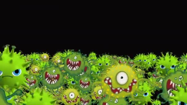 Ιατρική απεικόνιση 2δ, 3d animation φόντο των κυττάρων, βακτήρια ιούς στον κόσμο. Ιός ανθρώπινου κινδύνου. Ιός του κερατοειδούς. Μικροσκοπική άποψη. Μακρο-κύτταρα μοντέλα επιπλέουν. Coronavirus evli χαμογελά emoji χαρακτήρες βακτήρια animation φόντο. - Πλάνα, βίντεο