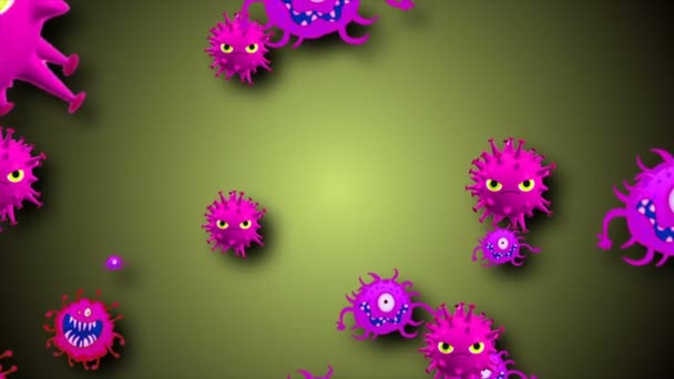 Illustrazione medica 2d, sfondo animazione 3d di cellule, virus batterici nel mondo. Virus del rischio umano. Coronavirus. Vista microscopica. Modelli di macrocelle galleggianti. Coronavirus evli sorride emoji personaggi batteri animazione sfondo
. - Filmati, video
