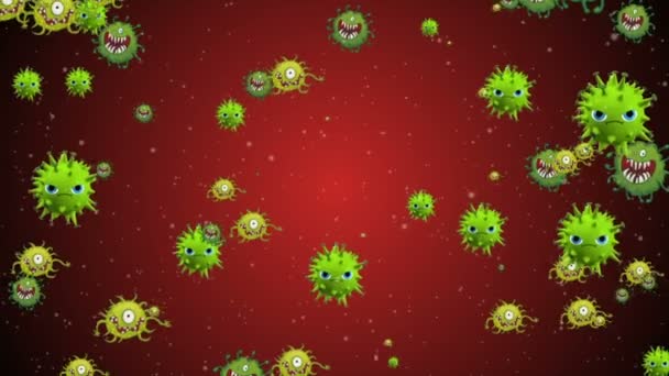 Медична ілюстрація 2d, 3d анімація тла клітин, бактеріальних вірусів у світі. Вірус ризику для людини. Коронавірус. Мікроскопічний вид. Макроклітини плавають. Coronavirus evli посміхається емоційним персонажам bacteriums animation background. - Кадри, відео