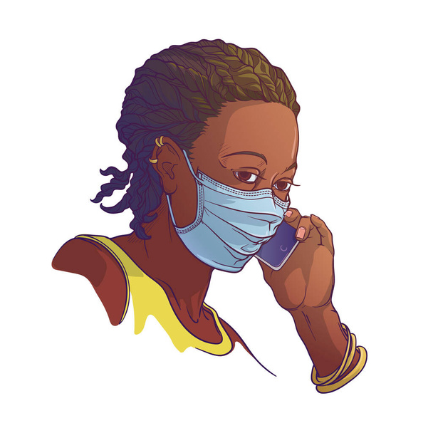 Donna nera che indossa una maschera protettiva medica e parla al telefono. Schizzo dipinto, isolato su sfondo bianco
. - Vettoriali, immagini