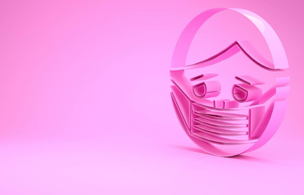 Pink Man face in a medical protective mask icon isolated on pink background. Quarantine. Minimalism concept. 3d illustration 3D render - Photo, Image