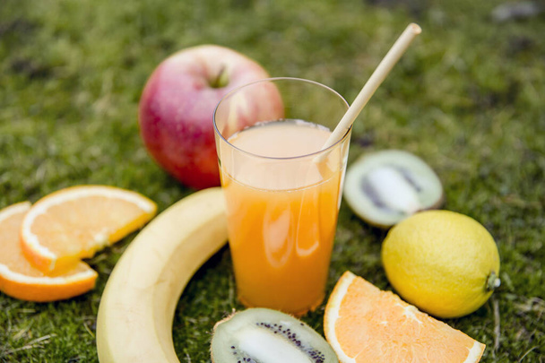 Bamboo drinking straw in mixed juice and lot of different sweet fruits around on natural soft green moss outdoors. Shallow depth of field and copy space. Zero waste lifestyle concept. - Photo, Image