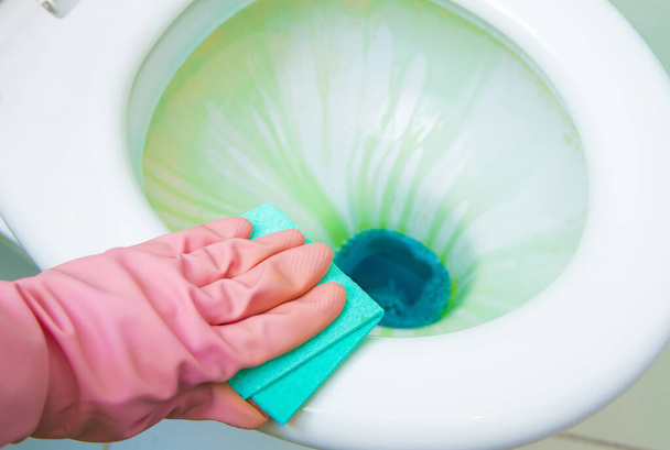 Disinfection of toilet, using colorful antibacterial liquids and cleaning tools. Close up view. - Fotoğraf, Görsel