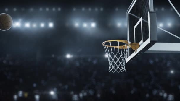 Basketball traf den Korb in Zeitlupe auf dem Hintergrund der Blitze der Kameras - Filmmaterial, Video