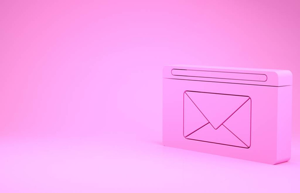 Różowa poczta i ikona e-mail izolowane na różowym tle. E-mail z symbolem koperty. Znak wiadomości e-mail. Koncepcja minimalizmu. Ilustracja 3d - Zdjęcie, obraz