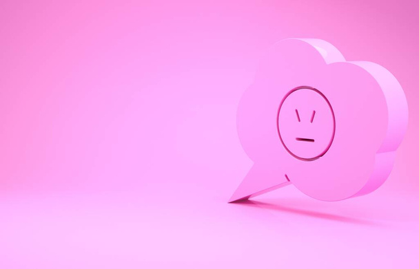 Рожева бульбашка мовлення з іконою сердитої посмішки ізольована на рожевому фоні. Емоційне обличчя. Концепція мінімалізму. 3D ілюстрація 3D рендеринга
 - Фото, зображення