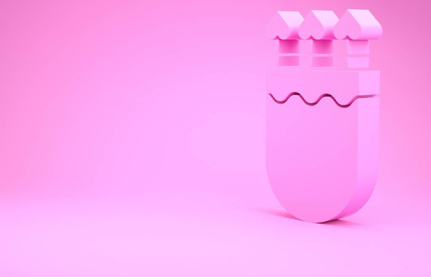 Różowy kołczan i strzałki z ikoną serca izolowane na różowym tle. Symbol Kupidyna. Znak miłości. Koncepcja Walentynek. Koncepcja minimalizmu. Ilustracja 3D 3D renderowania - Zdjęcie, obraz