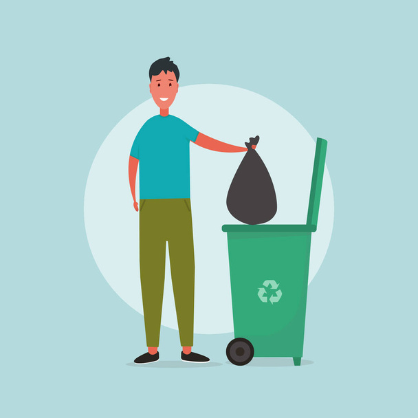 Manejo de residuos. Ilustración con el hombre tirando su basura en el cubo de basura con el símbolo de reciclaje sobre fondo azul
 - Foto, imagen