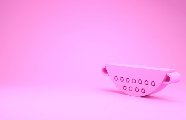 Pink κουζίνα σουρωτήρι εικονίδιο απομονώνονται σε ροζ φόντο. Μαγειρικό σκεύος. Σημάδι για μαχαιροπίρουνα. Μινιμαλιστική έννοια. 3D απεικόνιση 3d καθιστούν - Φωτογραφία, εικόνα