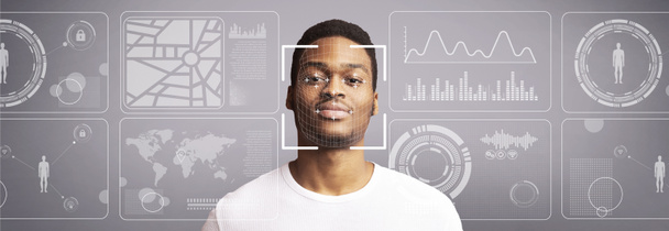 Biometrikus biztonsági ellenőrzés. Az afro-amerikai férfi személyes adatai az átlátszó képernyőn grafikonokkal, panorámával - Fotó, kép