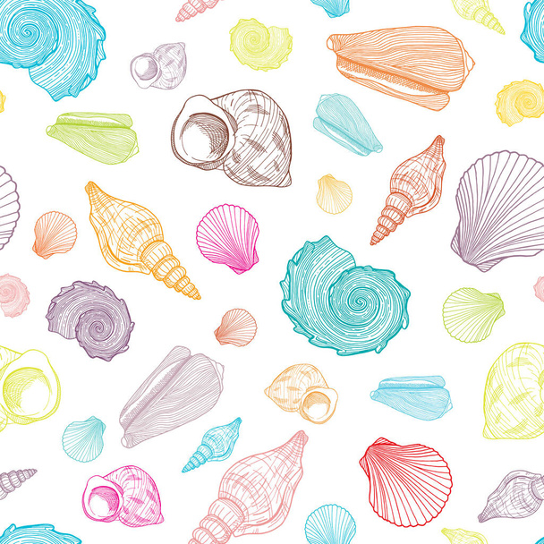 Colorful seamless pattern with seashells. Hand drawn outline vector illustration of underwater shells. Nautical background. Marine elements on white for cards, decoration, textile, print, banners - Vector, Image