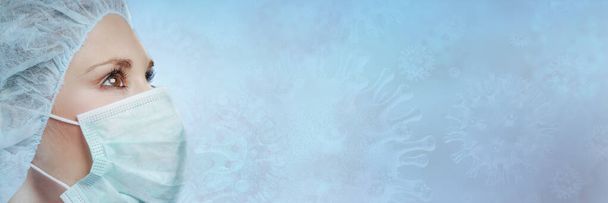 COVID - 19, bannière, virus Corona - Image d'illustration, médecin ou infirmière portant un masque, Prévention des infections bactériennes, fond bleu graphique
 - Photo, image