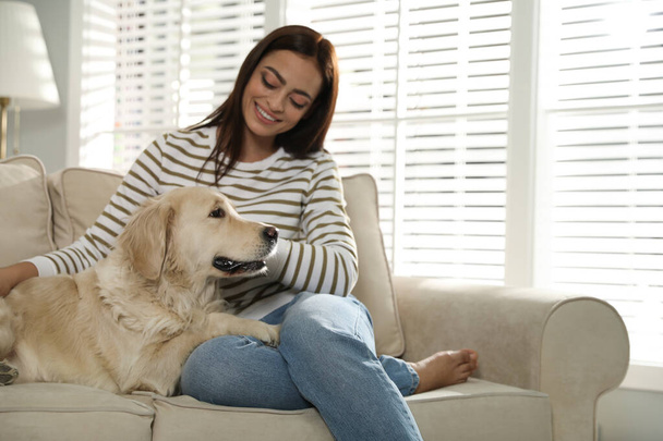 Young woman and her Golden Retriever on sofa at home. Adorable pet - Fotografie, Obrázek