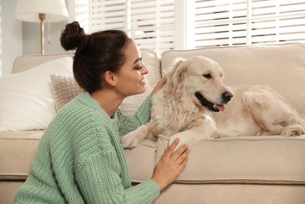 Young woman and her Golden Retriever at home. Adorable pet - Foto, Bild