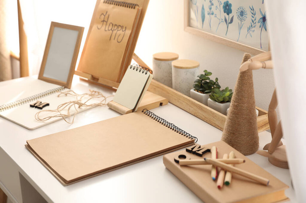 Set of stationery on white table indoors. Interior elements - 写真・画像