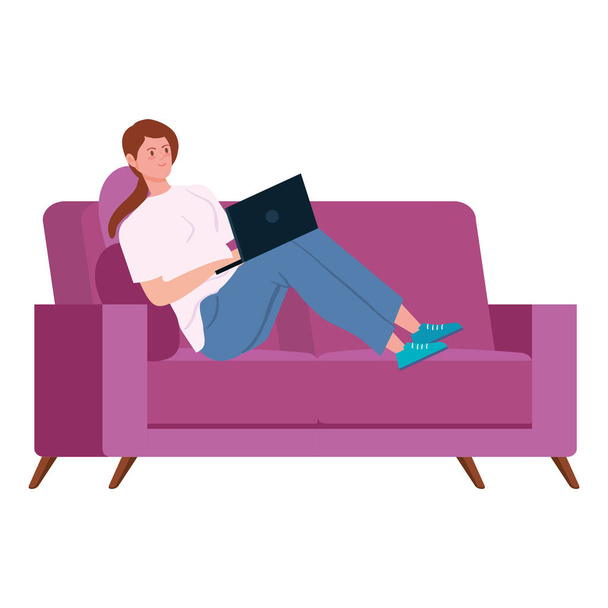 donna che lavora nel telelavoro con laptop sul divano
 - Vettoriali, immagini