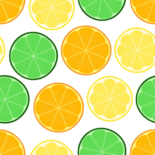 Citrus seamless pattern with lemon, lime, orange slices. White isolated background. Vector illustration, eps10. - Vektör, Görsel