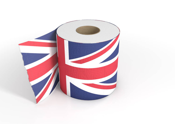 A single roll of toilet paper roll with a print of the union jack flag on it - 3D render - Photo, Image
