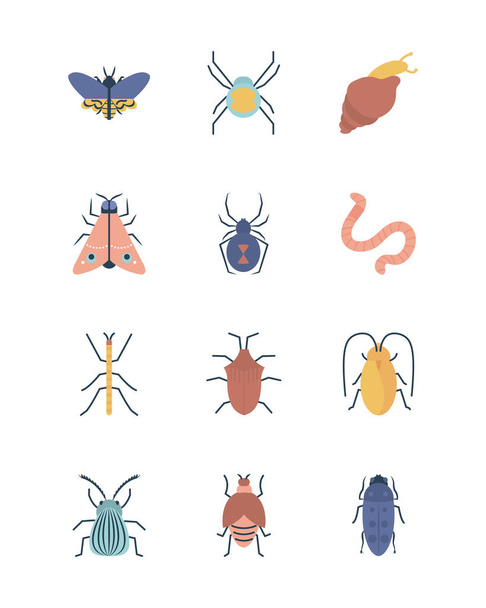 worm and insect icon set, flat style - Vector, Image