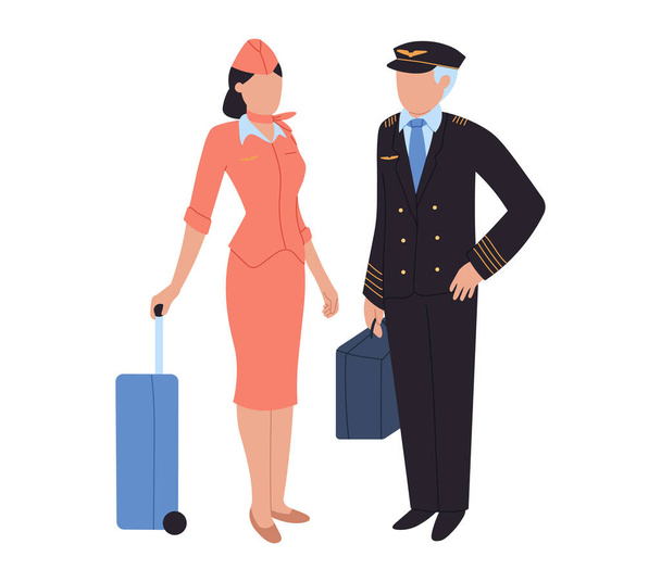 Aircrew, pilot and flight attendant, woman and man at airport, vector illustration. Crew characters with luggage in airport. - Vecteur, image