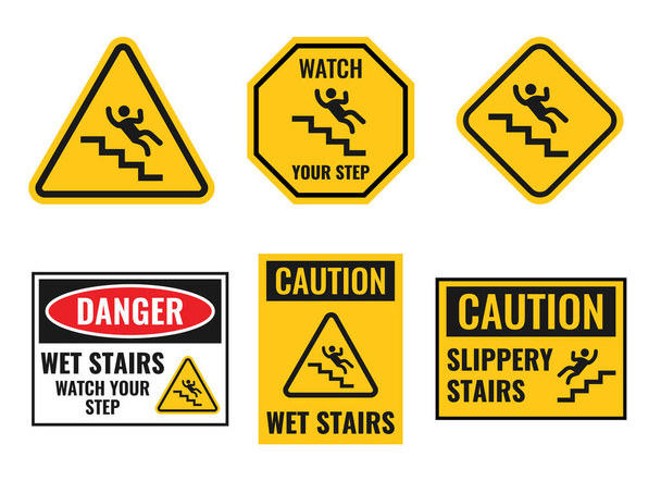 figyelmeztetés leesés a lépcsőről tábla készlet, csúszós lépcső figyelmeztetés - Vektor, kép