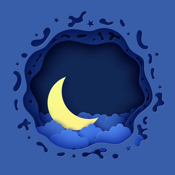 Ночное небо круглой формы и полумесяц в стиле вырезанной бумаги. 3D фон с синим пасмурным пейзажем с лунной бумагой. Симпатичные облака оригами. Векторная карта на пожелание спокойной ночи сладких снов
. - Вектор,изображение