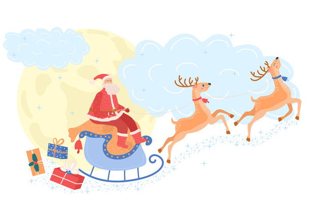 Santa Claus on reindeer carries gifts to children, concept and vector illustration, isolated on white background. Merry Christmas. - Vector, Image