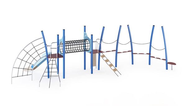 Complejo de juegos infantiles modernos sobre un fondo blanco. Equipo de juego con tobogán, escaleras y torres para su colocación en los patios. Primer plano. Recorte de ruta incluido. Renderizado 3D
. - Foto, imagen