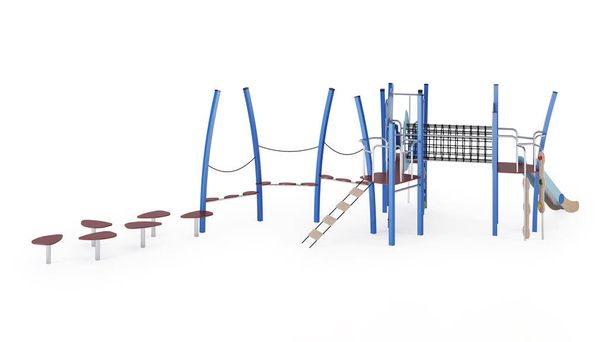 白い背景に現代の子供のゲームの複合体。中庭に配置するためのスライド、階段や塔を備えたゲーム機器。接近中だ。クリッピングパスが含まれています。3Dレンダリング. - 写真・画像